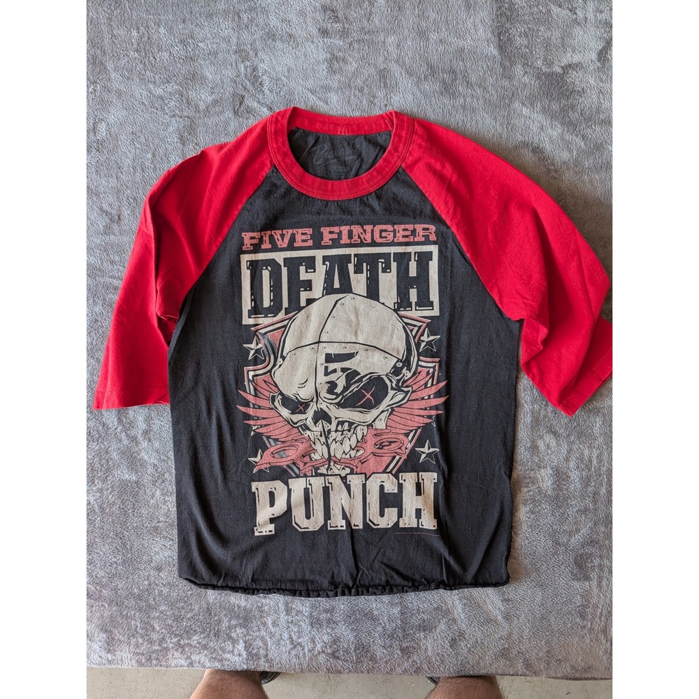 Five Finger Death Punch Skull Graphic Raglan Baseball Tee Black Red Mens L